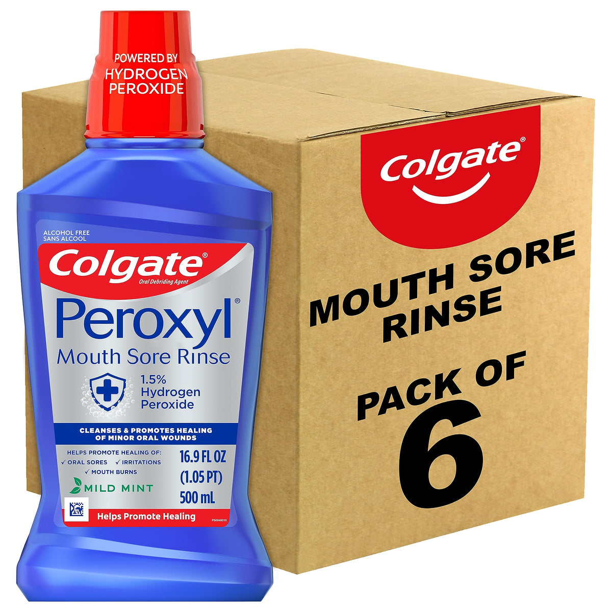 Colgate Peroxyl bottle with oxygenating action supports cleansing minor oral irritations.