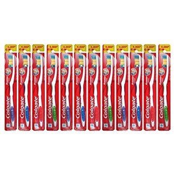 Colgate Premier 12-pack toothbrushes with bi-level bristles and built-in tongue scraper for fresh breath