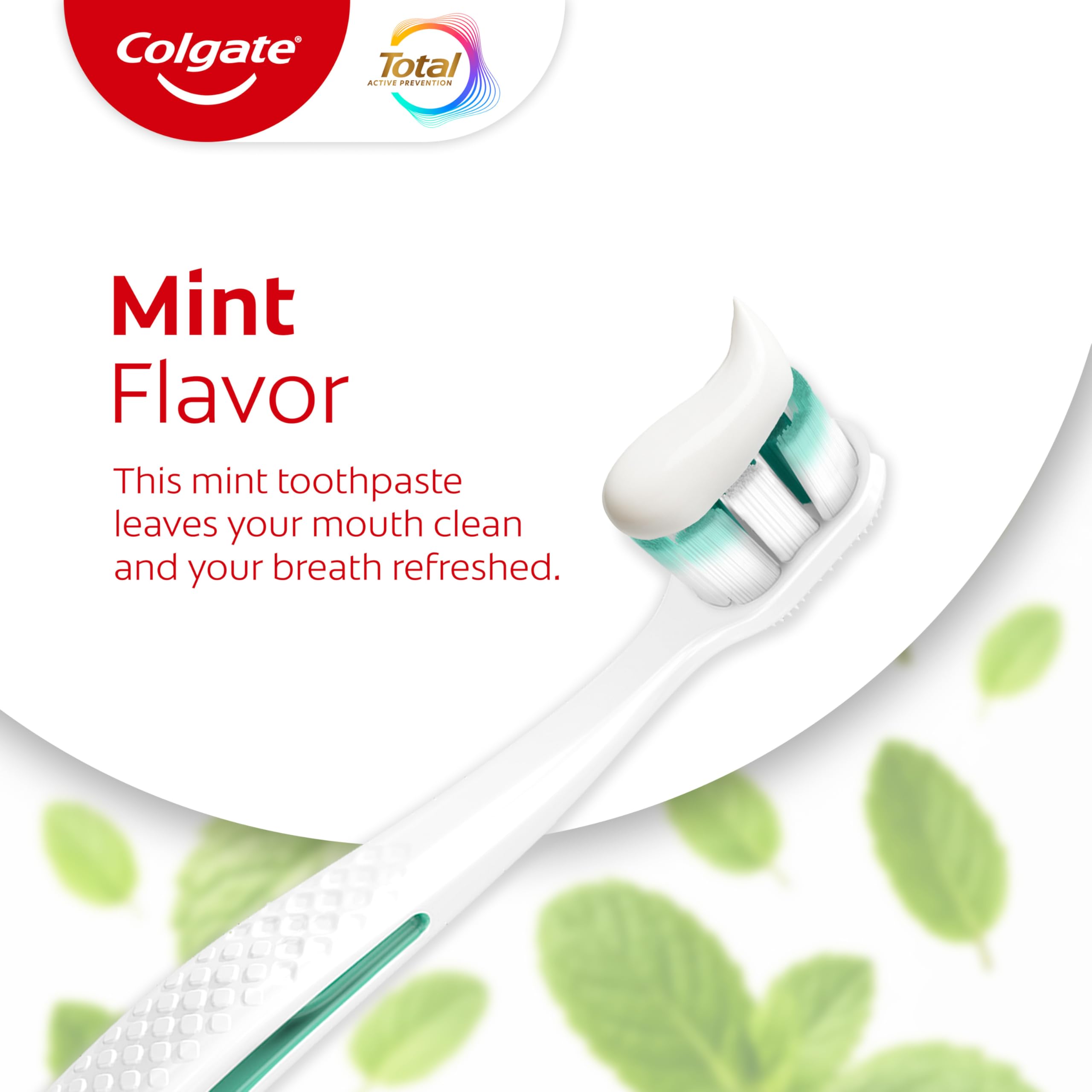 Colgate Total Active Prevention Clean Mint brushing scene in bathroom setting.