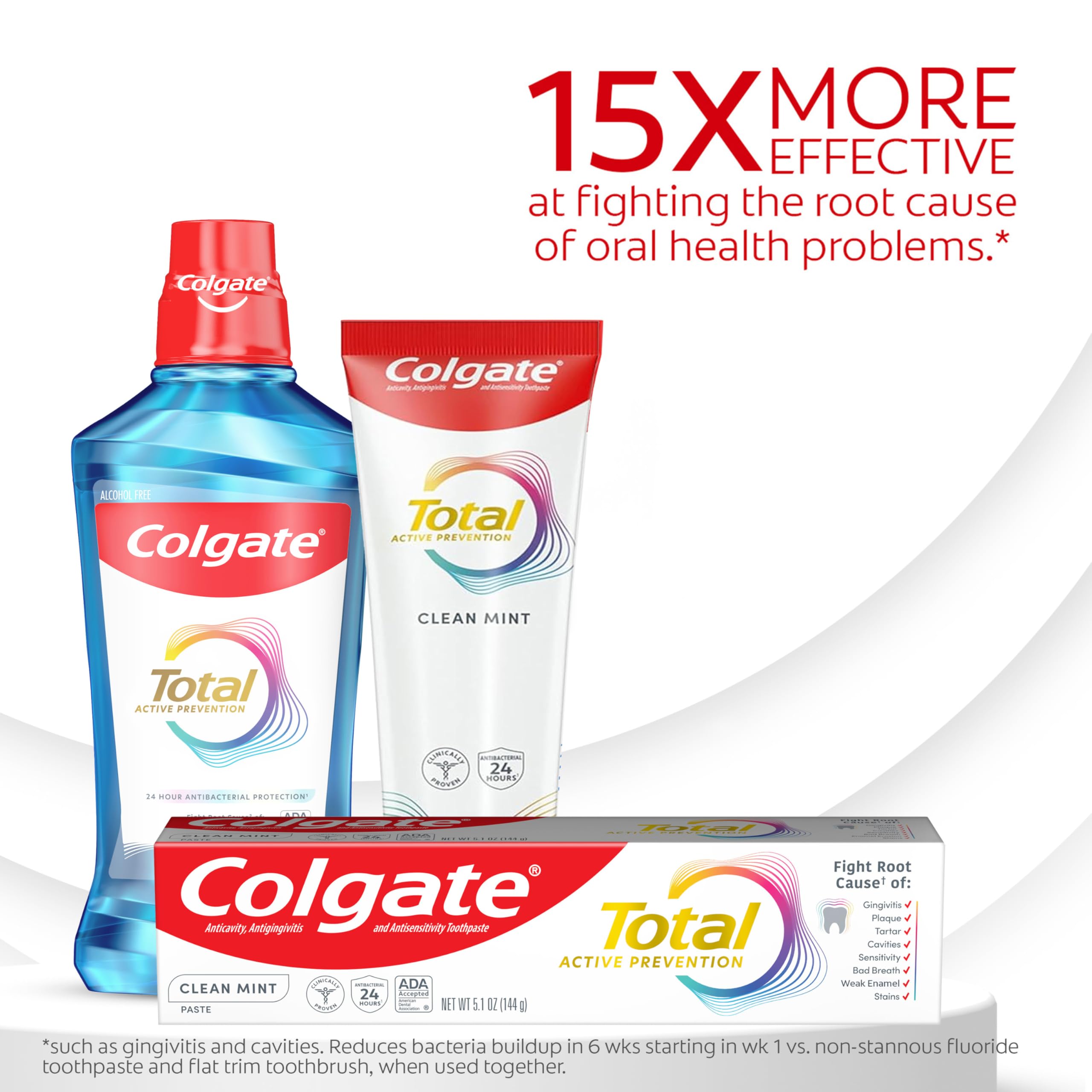 Colgate Total Active Prevention Clean Mint tube close-up label emphasizes fluoride protection.
