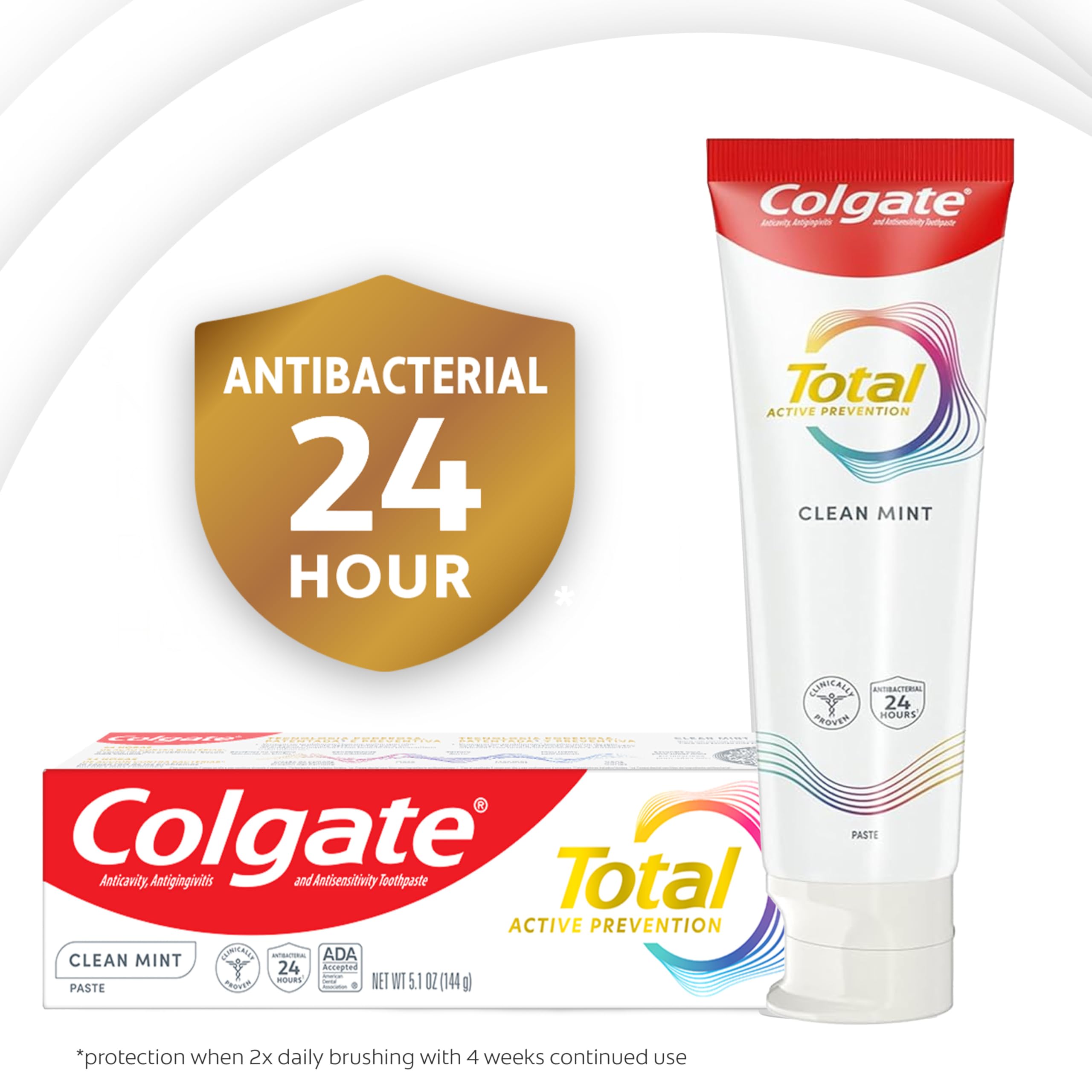 Colgate Total Active Prevention Clean Mint tube with seal visible supports freshness.