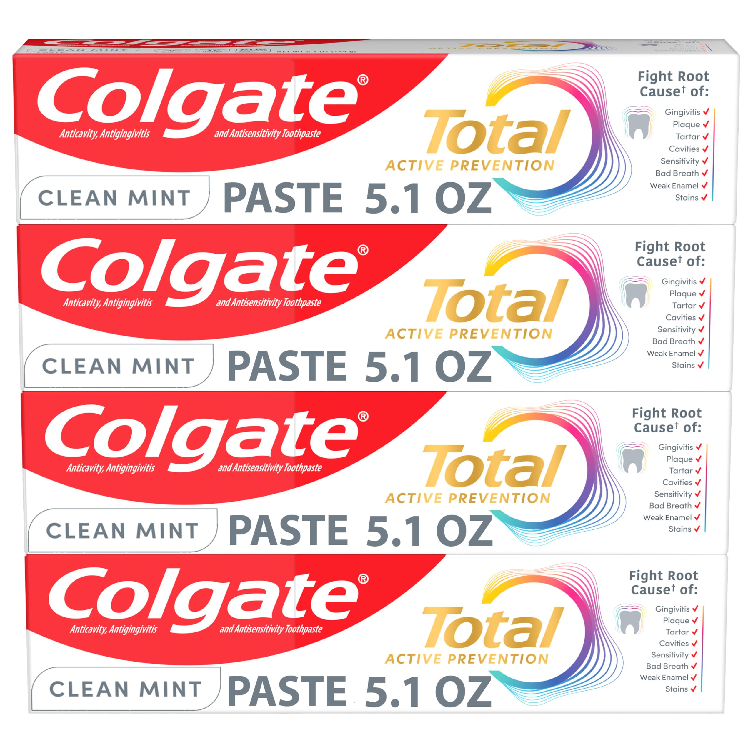 Colgate Total Active Prevention Clean Mint toothpaste tubes front view, four-pack, for daily cavity protection.