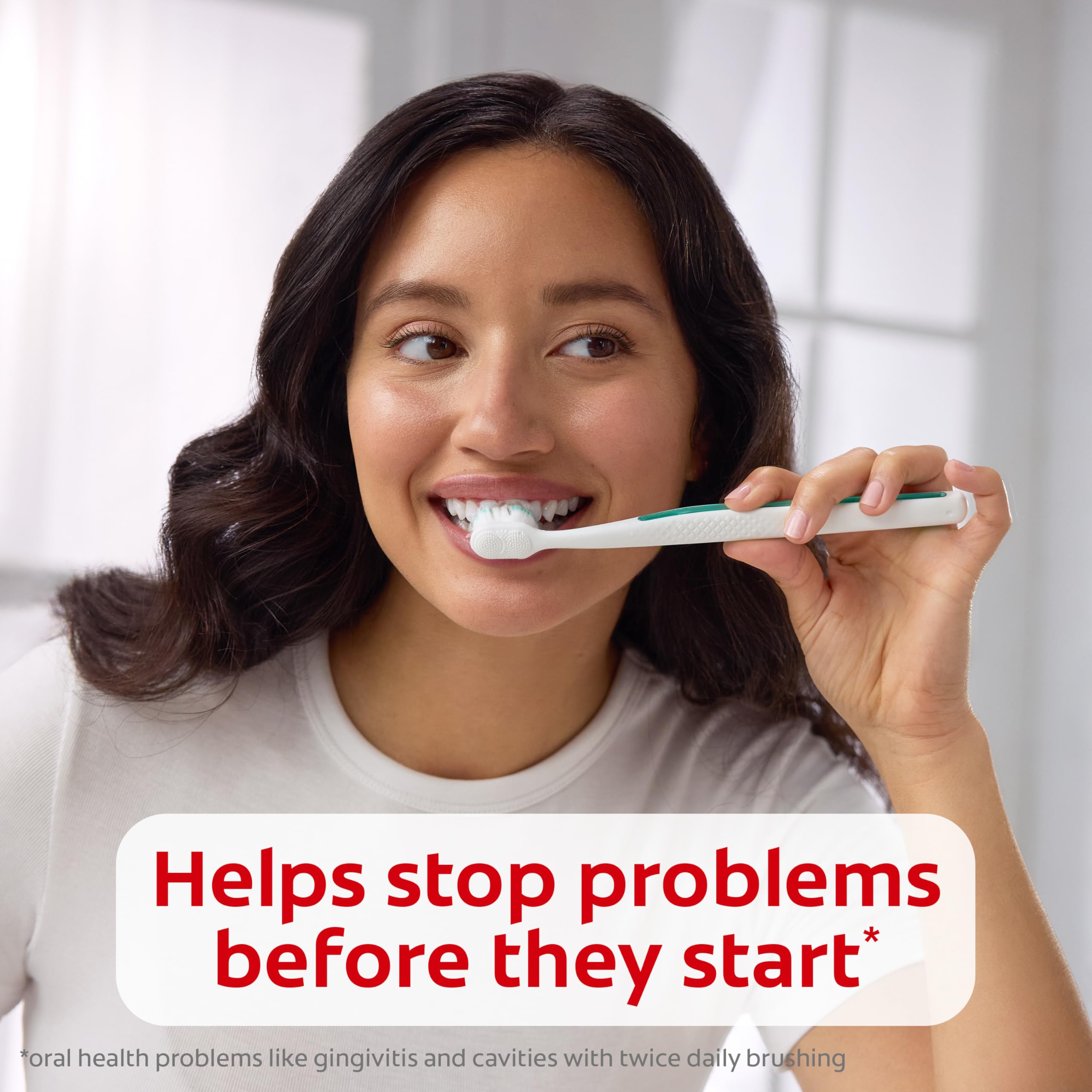 Three-pack Colgate Total available on bathroom counter for family use
