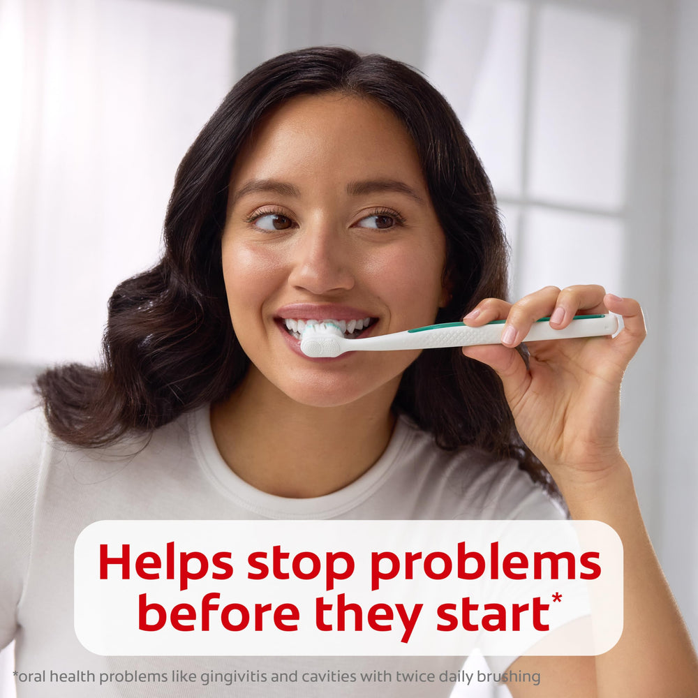 Three-pack Colgate Total available on bathroom counter for family use