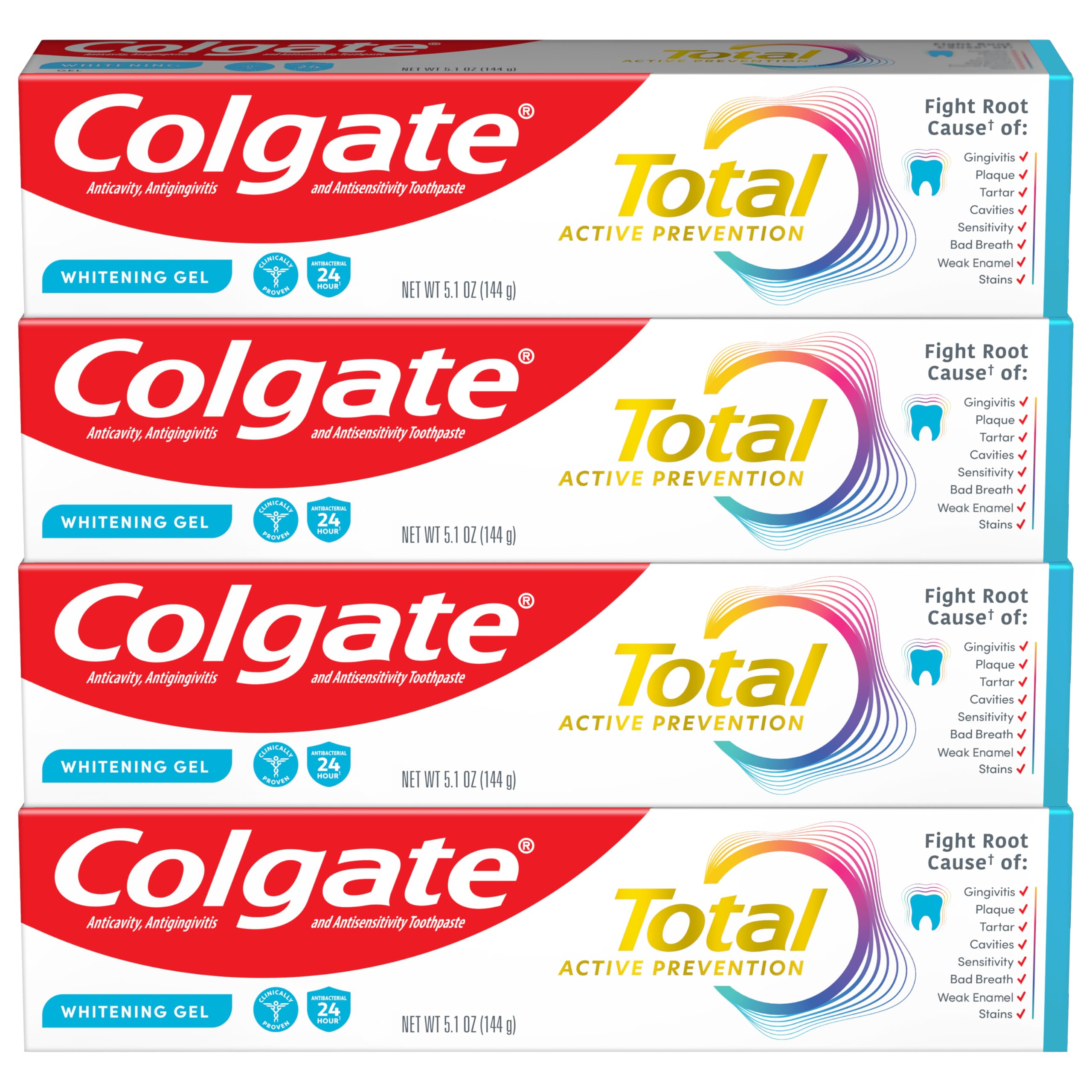 Colgate Total Active Prevention whitening gel toothpaste 4-pack tubes for daily brushing.