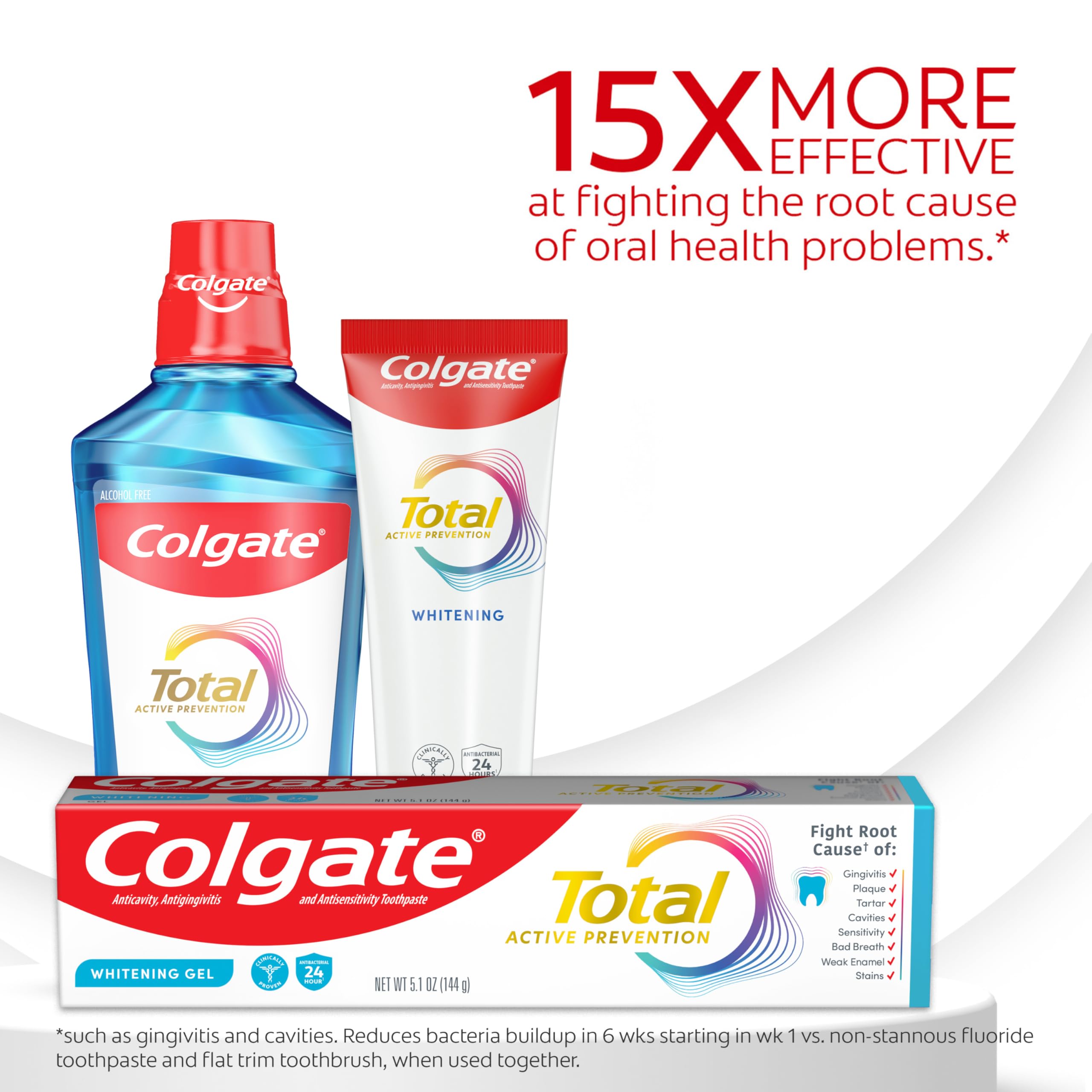 Colgate Total toothpaste tube label close-up highlighting fluoride formula.