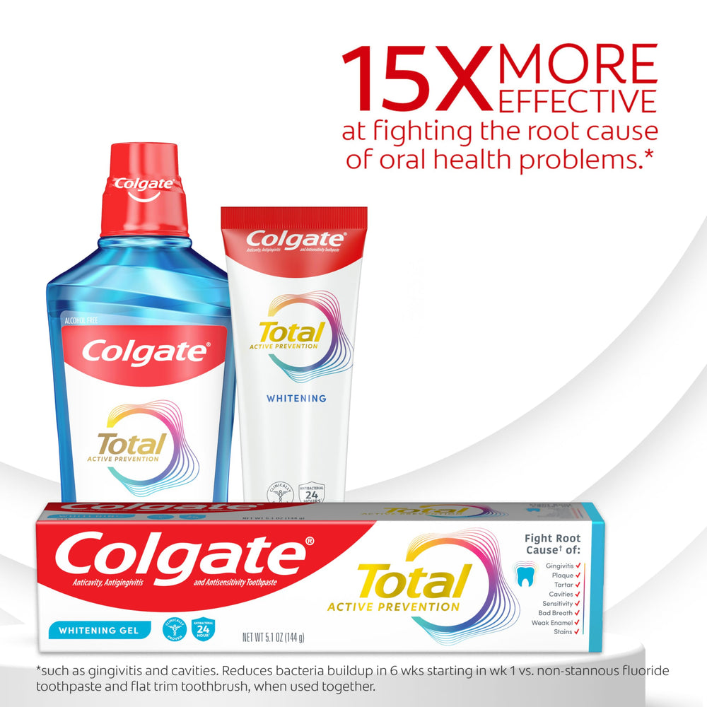 Colgate Total toothpaste tube label close-up highlighting fluoride formula.