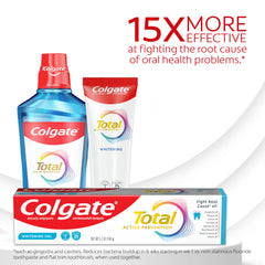 Colgate Total toothpaste tube label close-up highlighting fluoride formula.