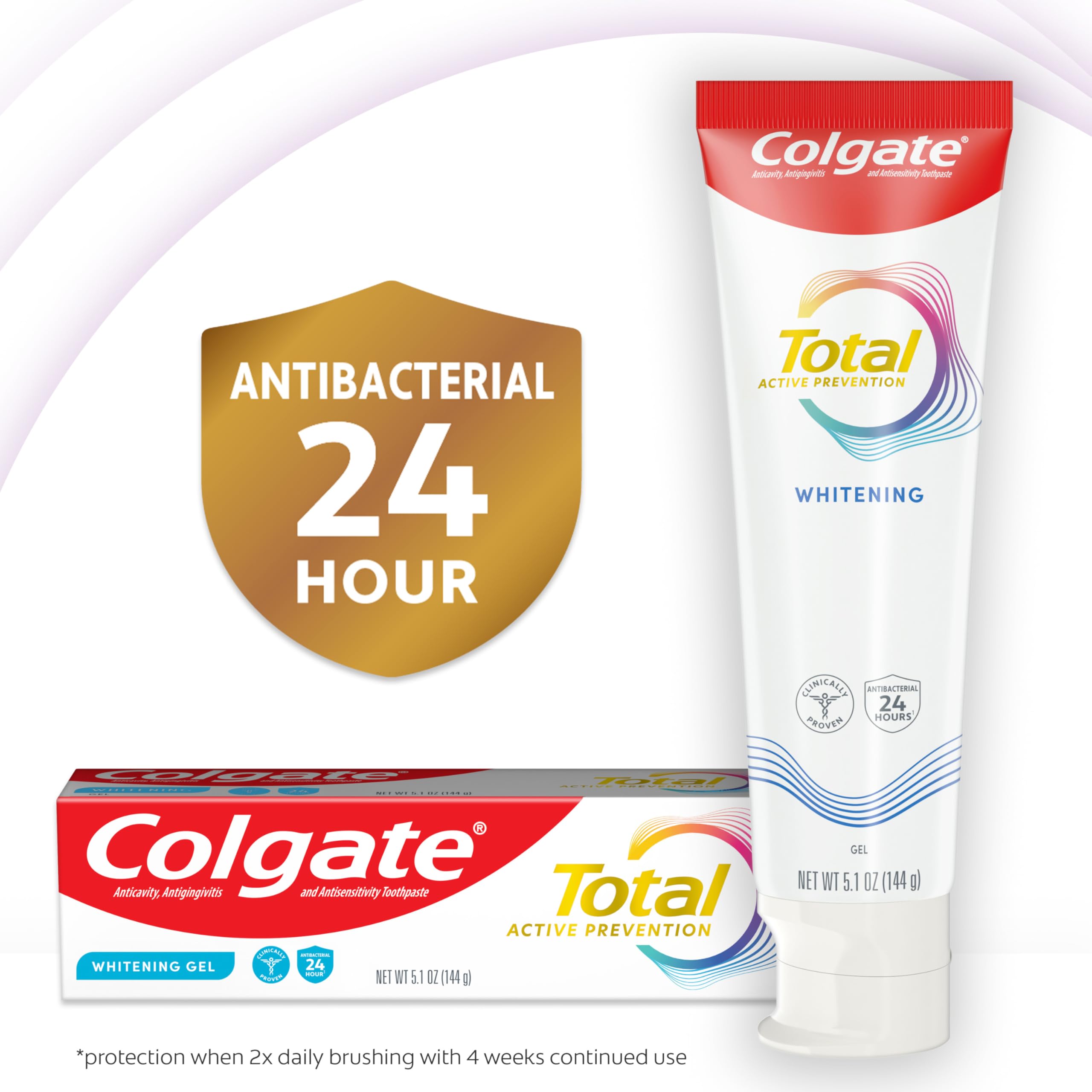 Colgate Total Active Prevention whitening gel toothpaste on bathroom sink for daily use.