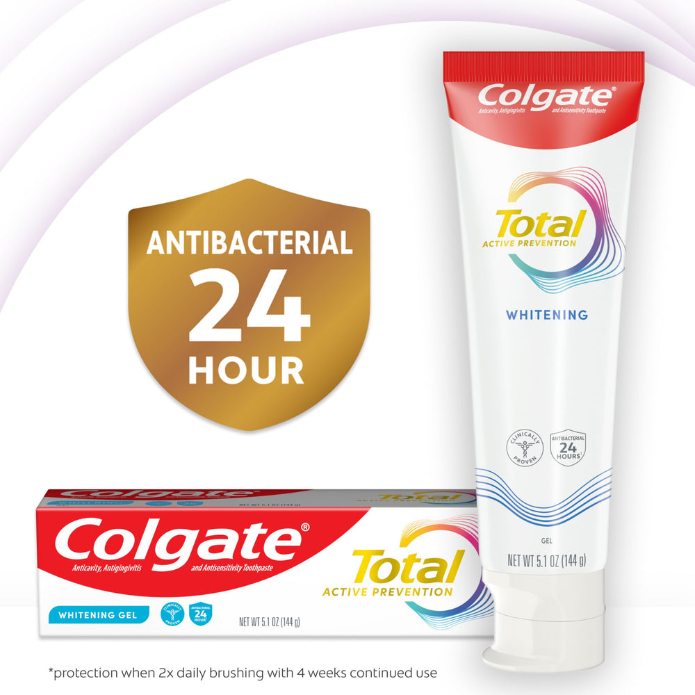 Colgate Total Active Prevention whitening gel toothpaste on bathroom sink for daily use.