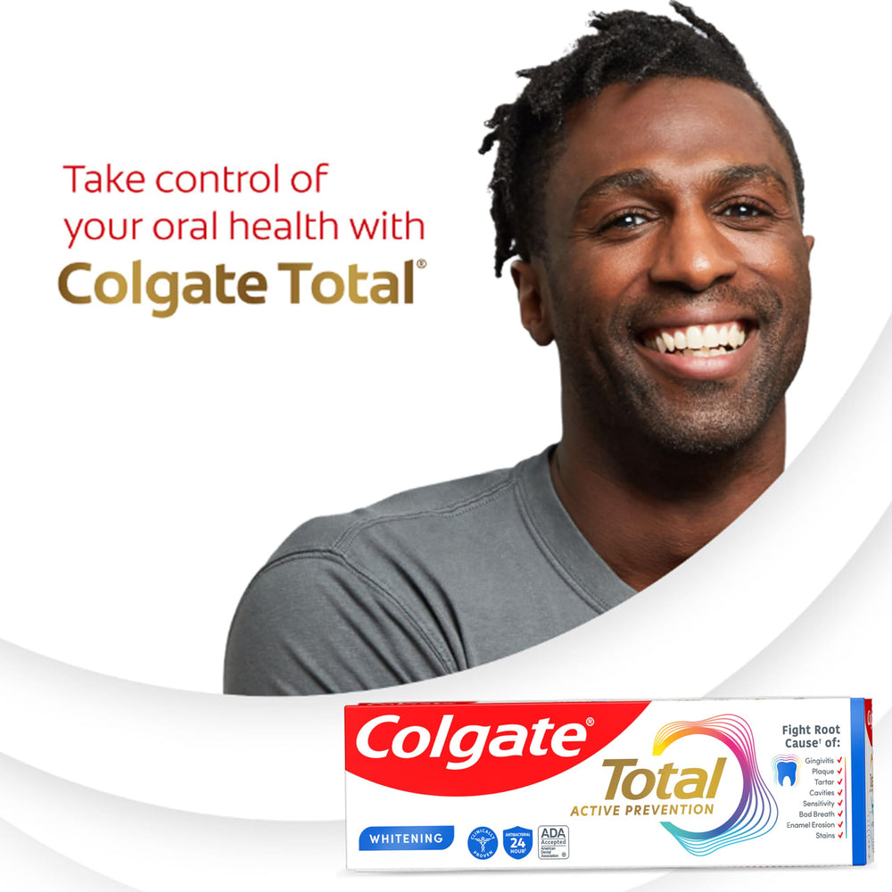 Colgate Total gingivitis protection messaging on tube promoting gum health.