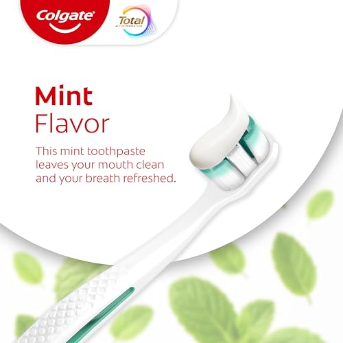 Colgate Total plaque and stain fight claim on packaging indicating whitening benefits.