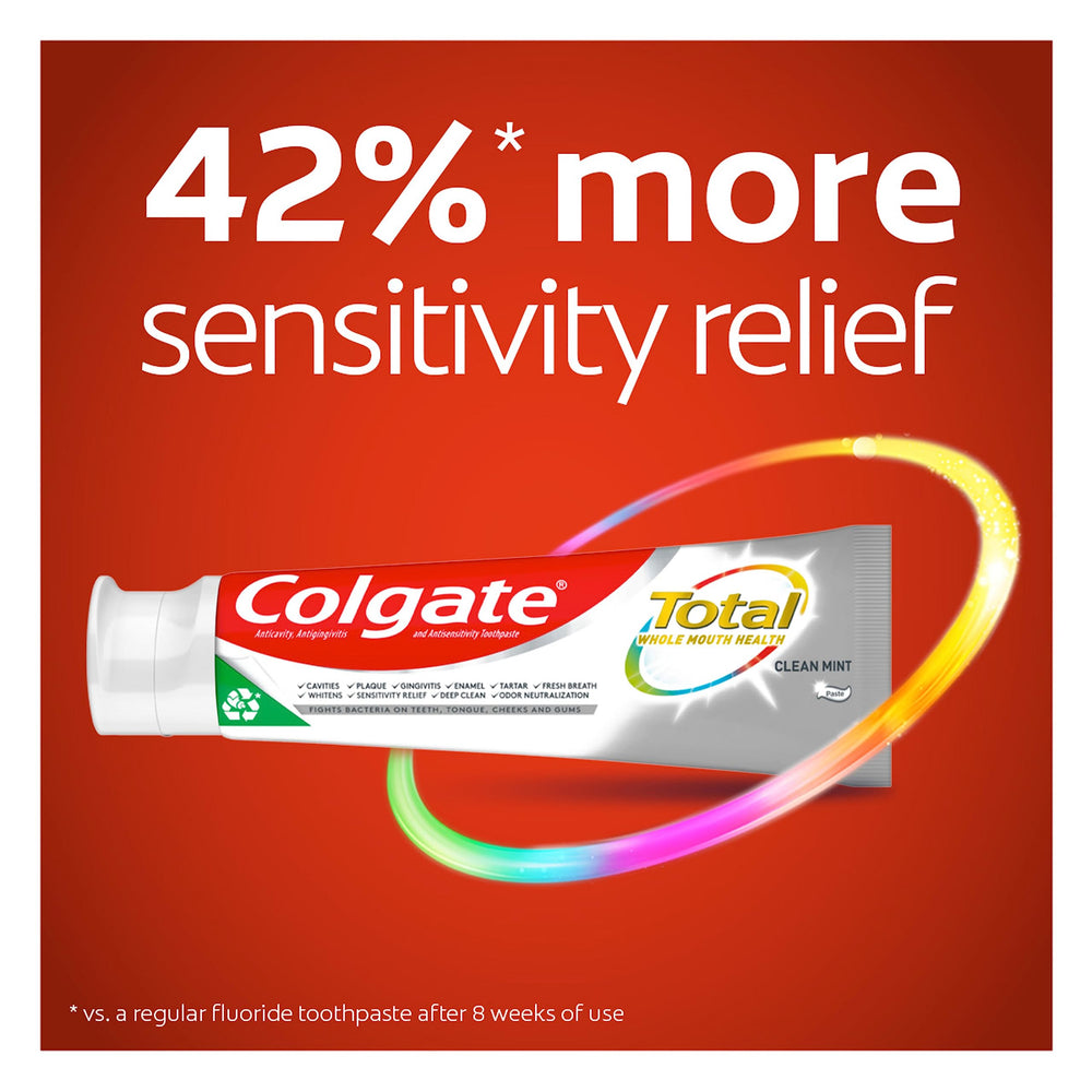 Colgate Total four-pack side view highlighting convenient packaging
