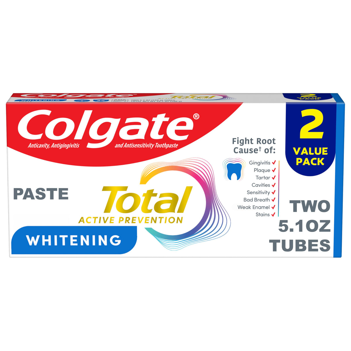 Colgate Total Whitening toothpaste front tube showing mint flavor for daily whitening protection.
