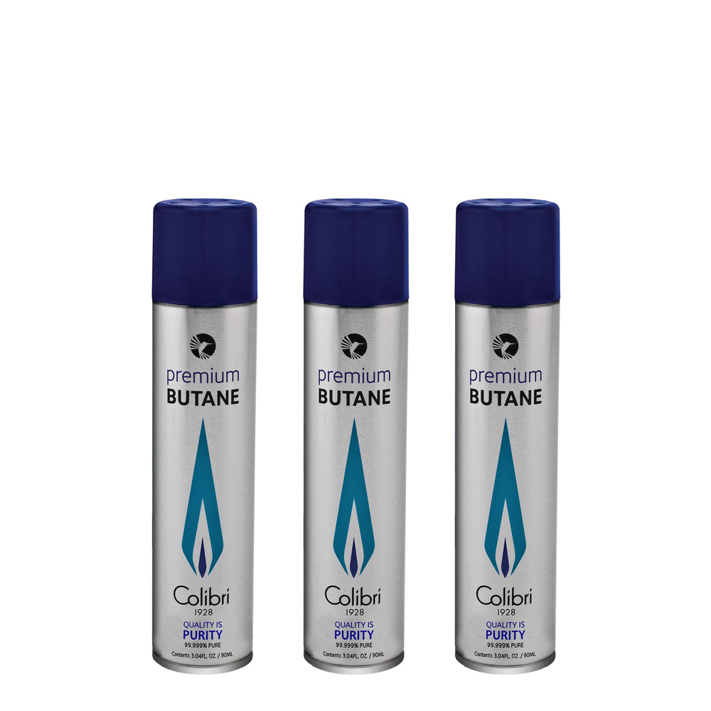Colibri 90ml butane pack front view with clean, consistent flame potential.