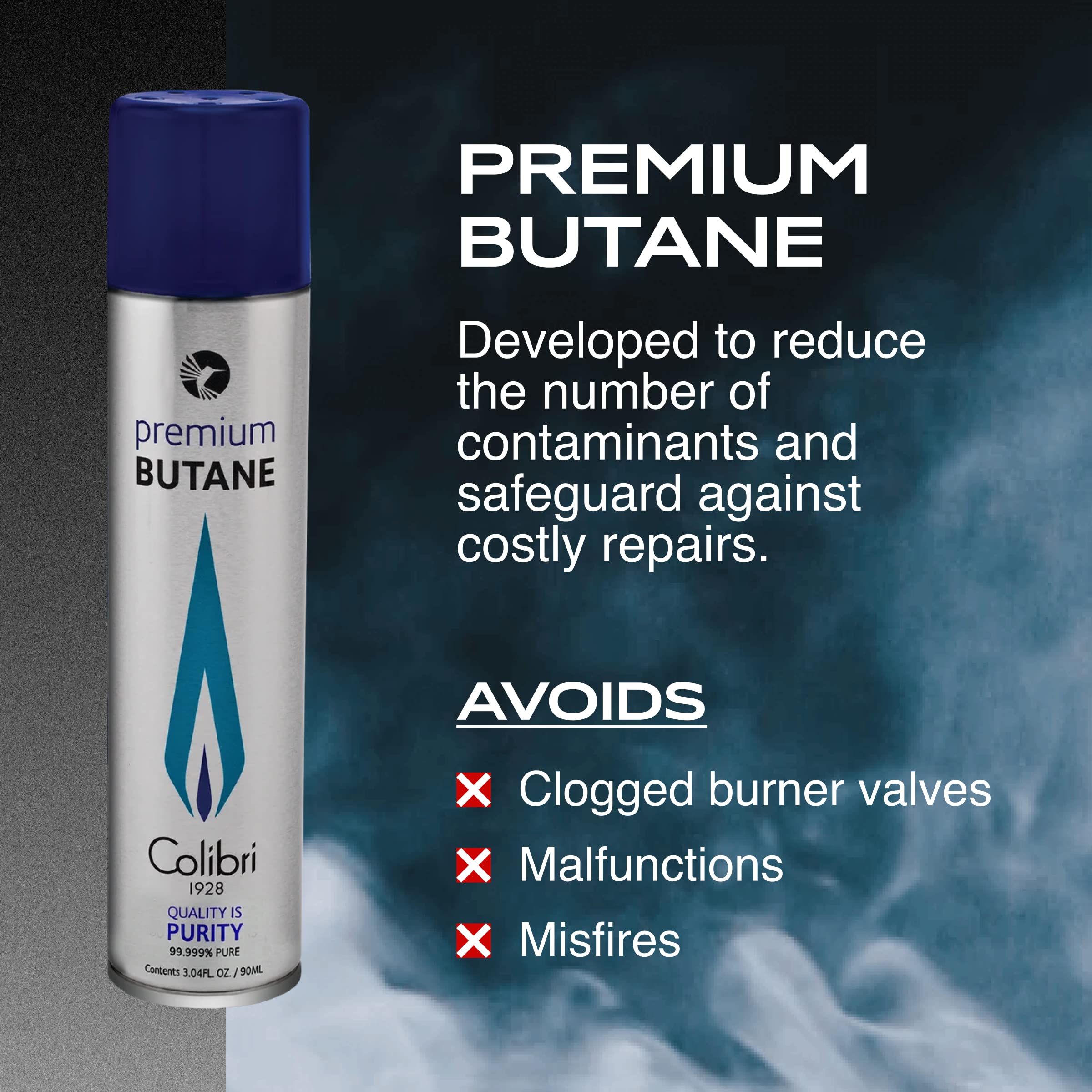Colibri premium butane fuel canister pouring into a lighter, showing a steady flame.
