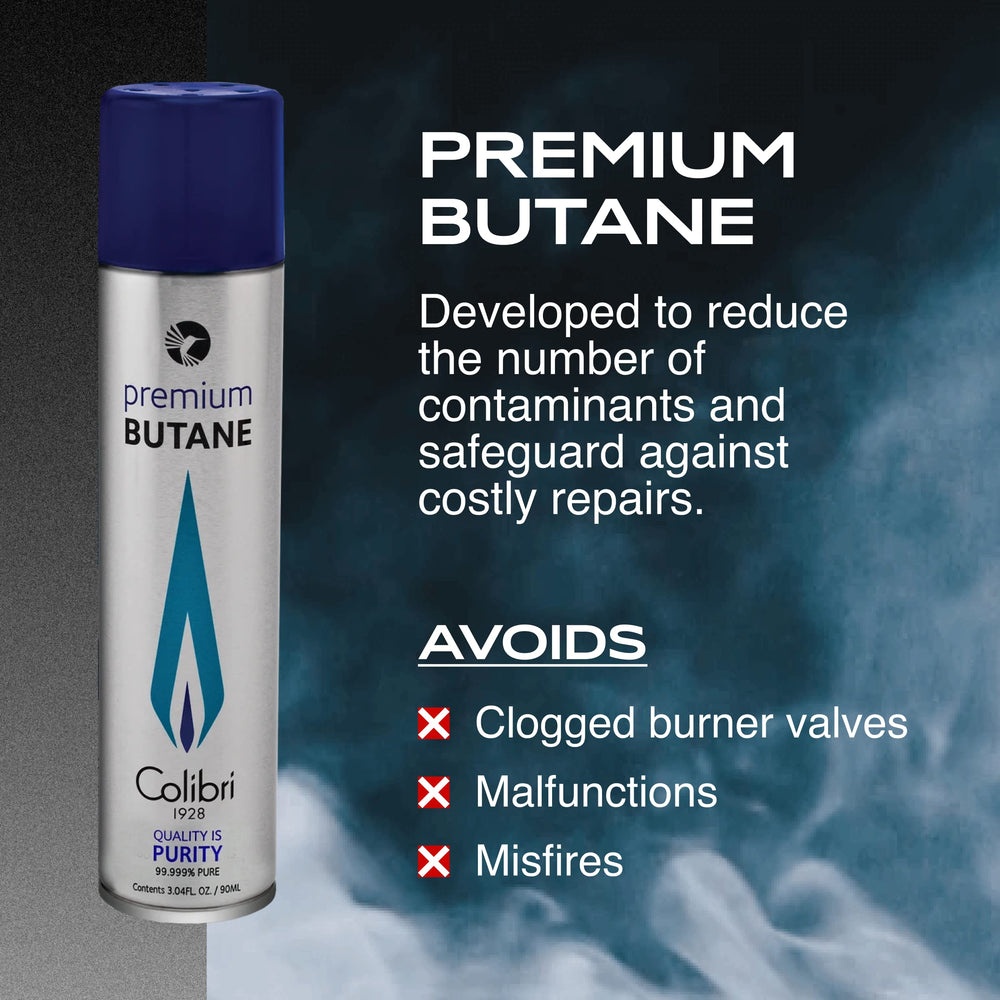 Colibri premium butane fuel canister pouring into a lighter, showing a steady flame.