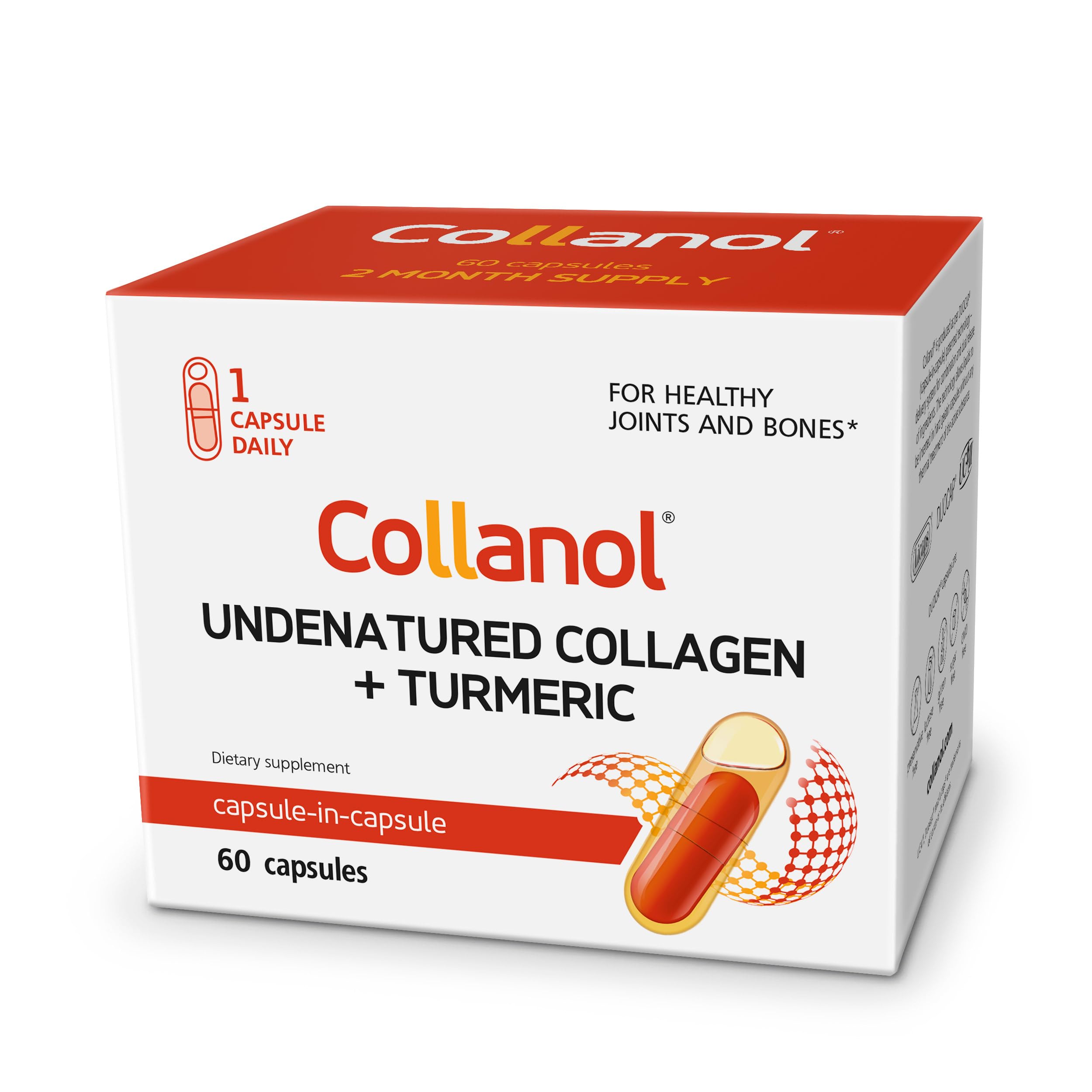 Collanol bottle with dual capsules shows easy daily joint support