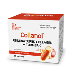 Collanol bottle with dual capsules shows easy daily joint support