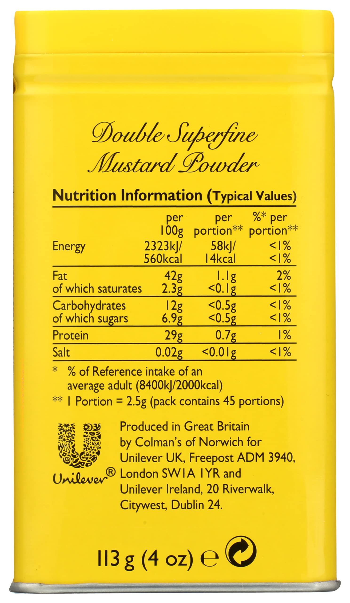 Colman's dry mustard powder jar close-up highlighting smooth texture for dips and dressings