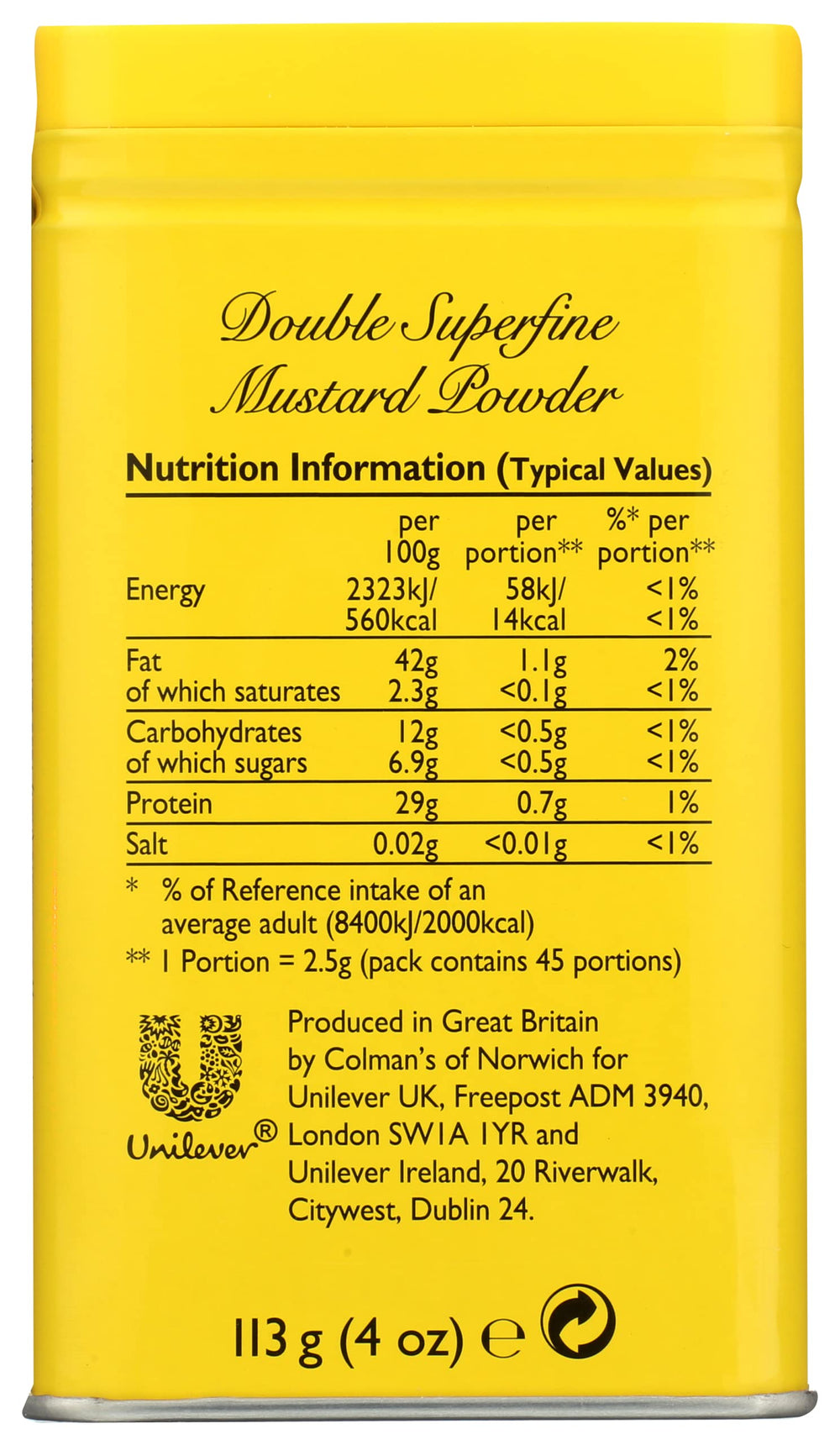 Colman's dry mustard powder jar close-up highlighting smooth texture for dips and dressings