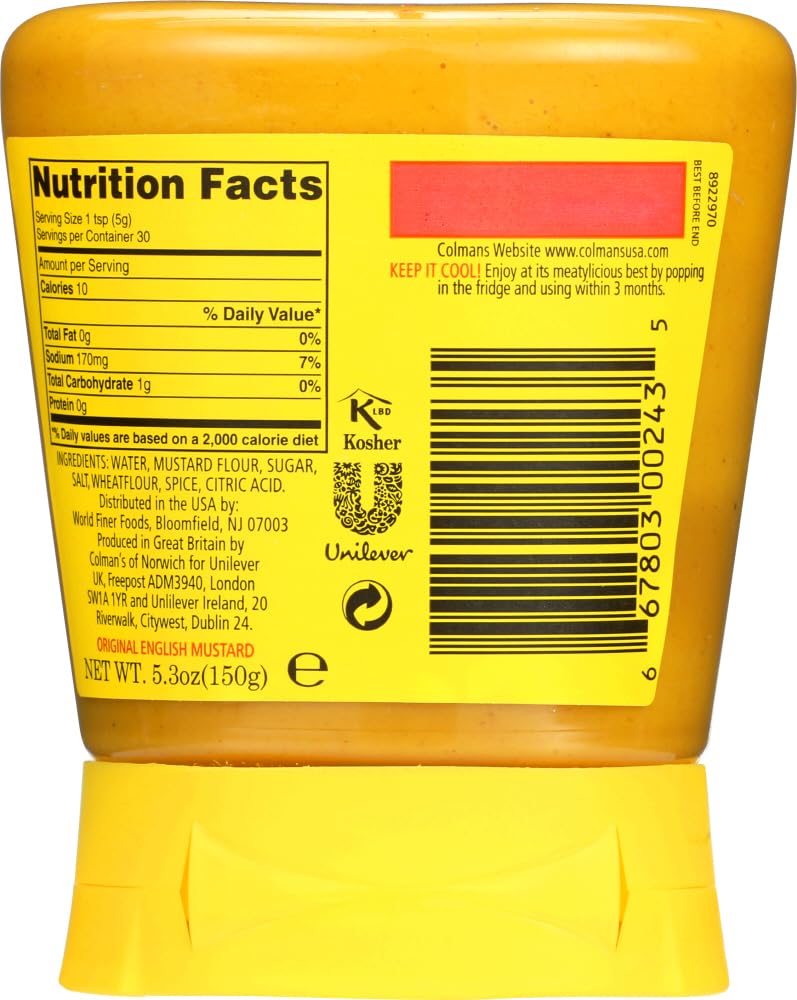 Colman's mustard squeeze cap close-up, showcasing easy, mess-free application.