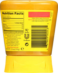 Colman's mustard squeeze cap close-up, showcasing easy, mess-free application.
