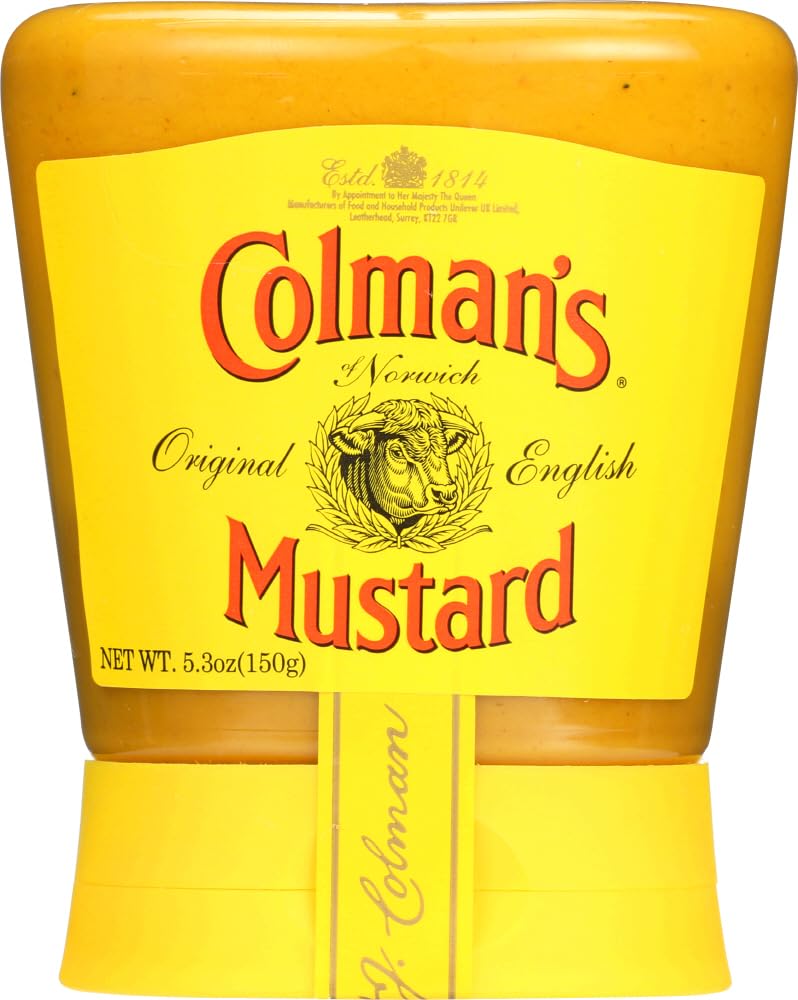 Colman's Original English Squeezy Mustard bottle front, ready to brighten sandwiches.