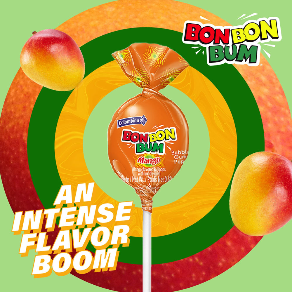 Bright Colombina mango lollipop with tropical color and aroma.