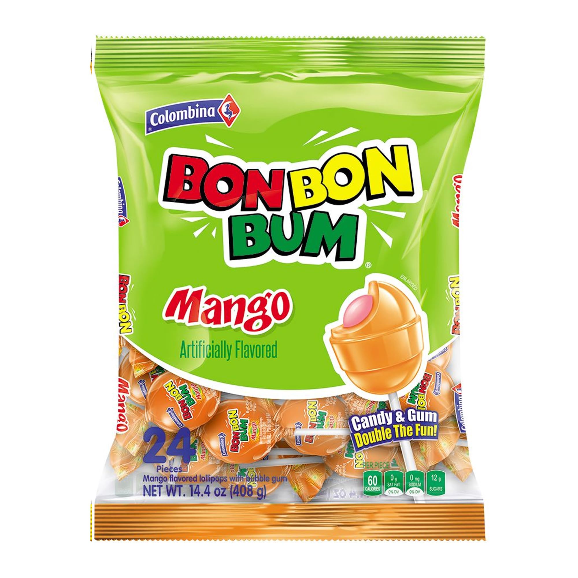 Colombina Bon Bon Bum mango lollipop packaging ready to enjoy on the go.