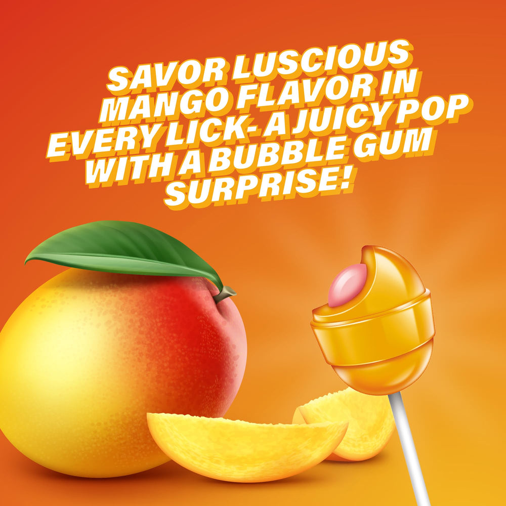 Tropical mango lollipop packaging designed to preserve freshness.