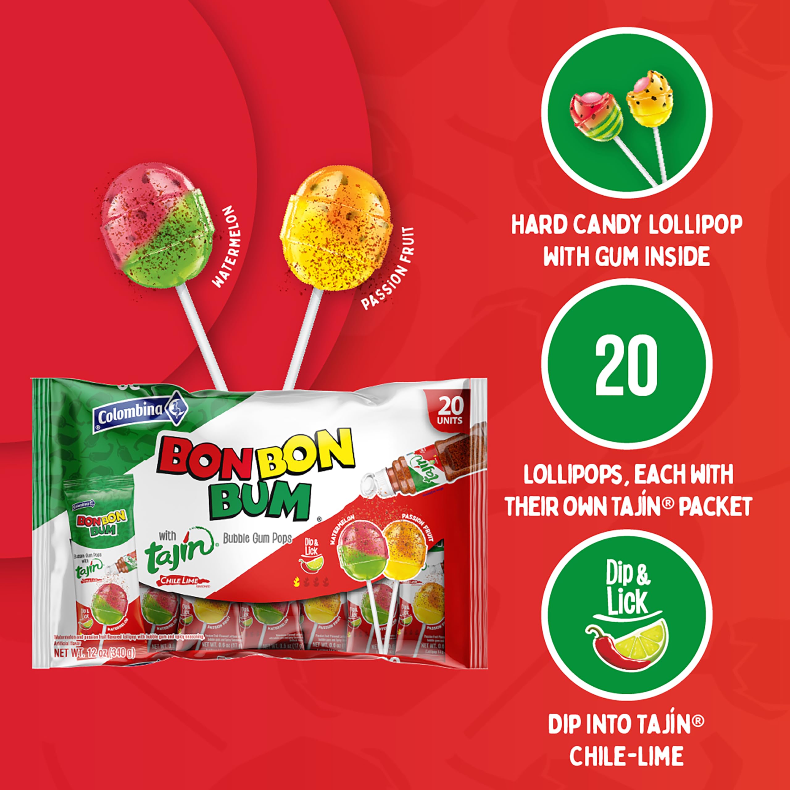 Tajín seasoning pouch paired with Bon Bon Bum lollipop for interactive dipping moments.