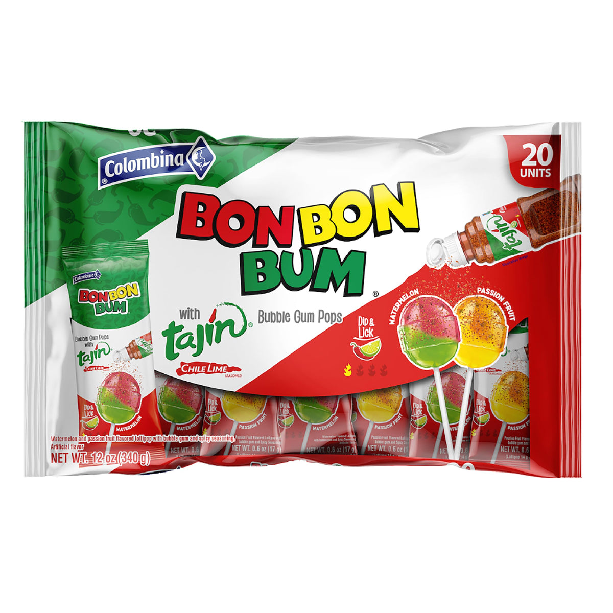 Colombina Bon Bon Bum tropical passion fruit lollipop with Tajín dip for a tangy twist and festival-ready appeal.