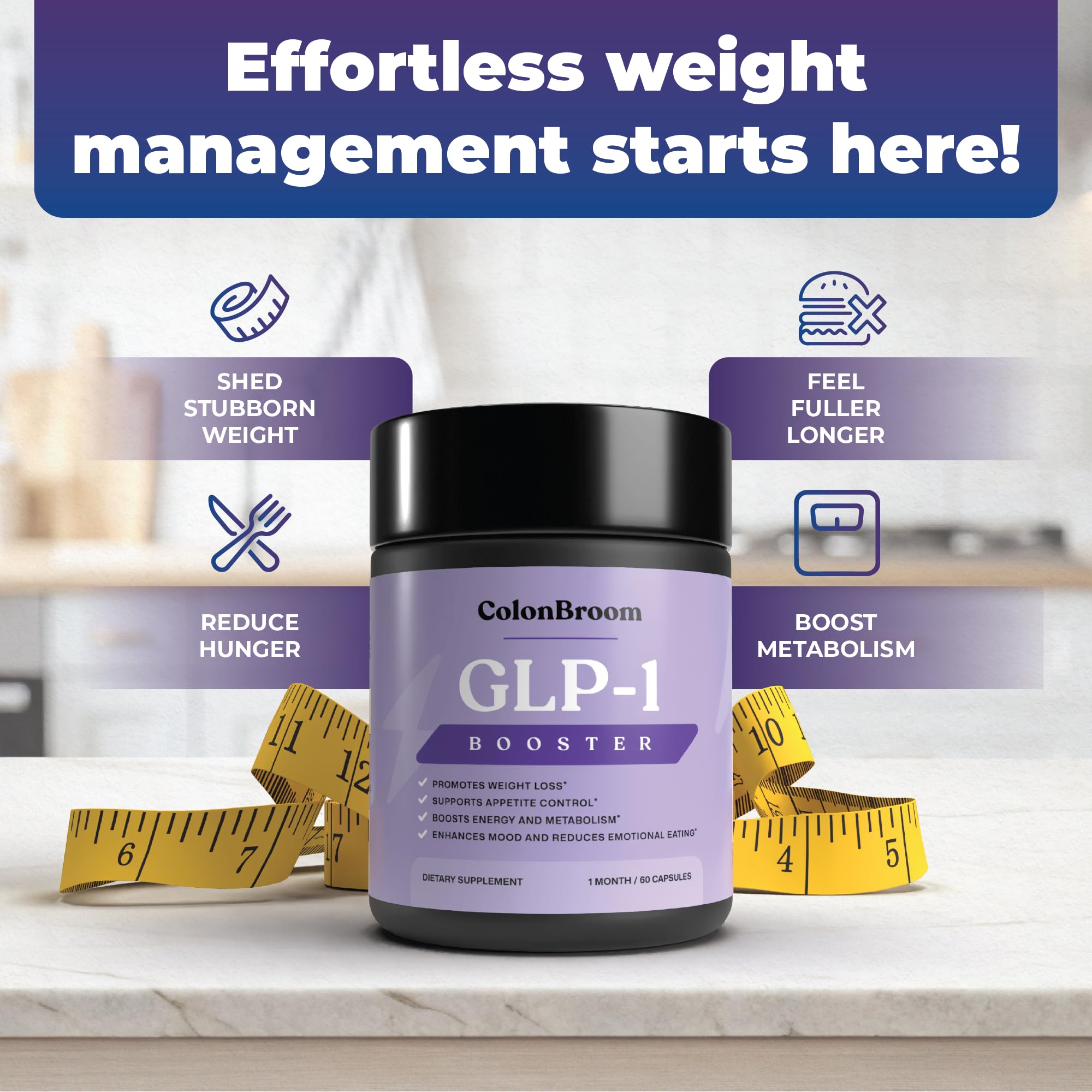 ColonBroom GLP-1 bottle back label shows key ingredients supporting daily wellness