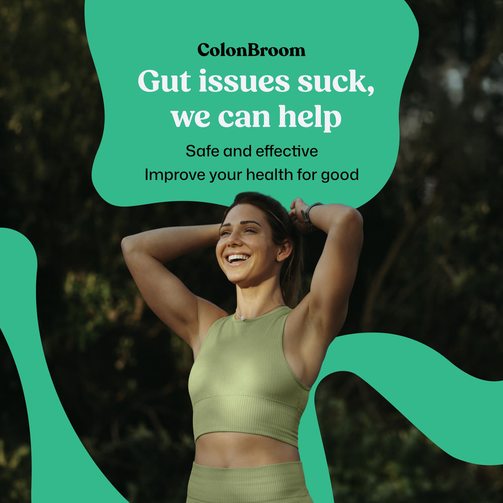 ColonBroom packaging shows vegan non-GMO formulation.