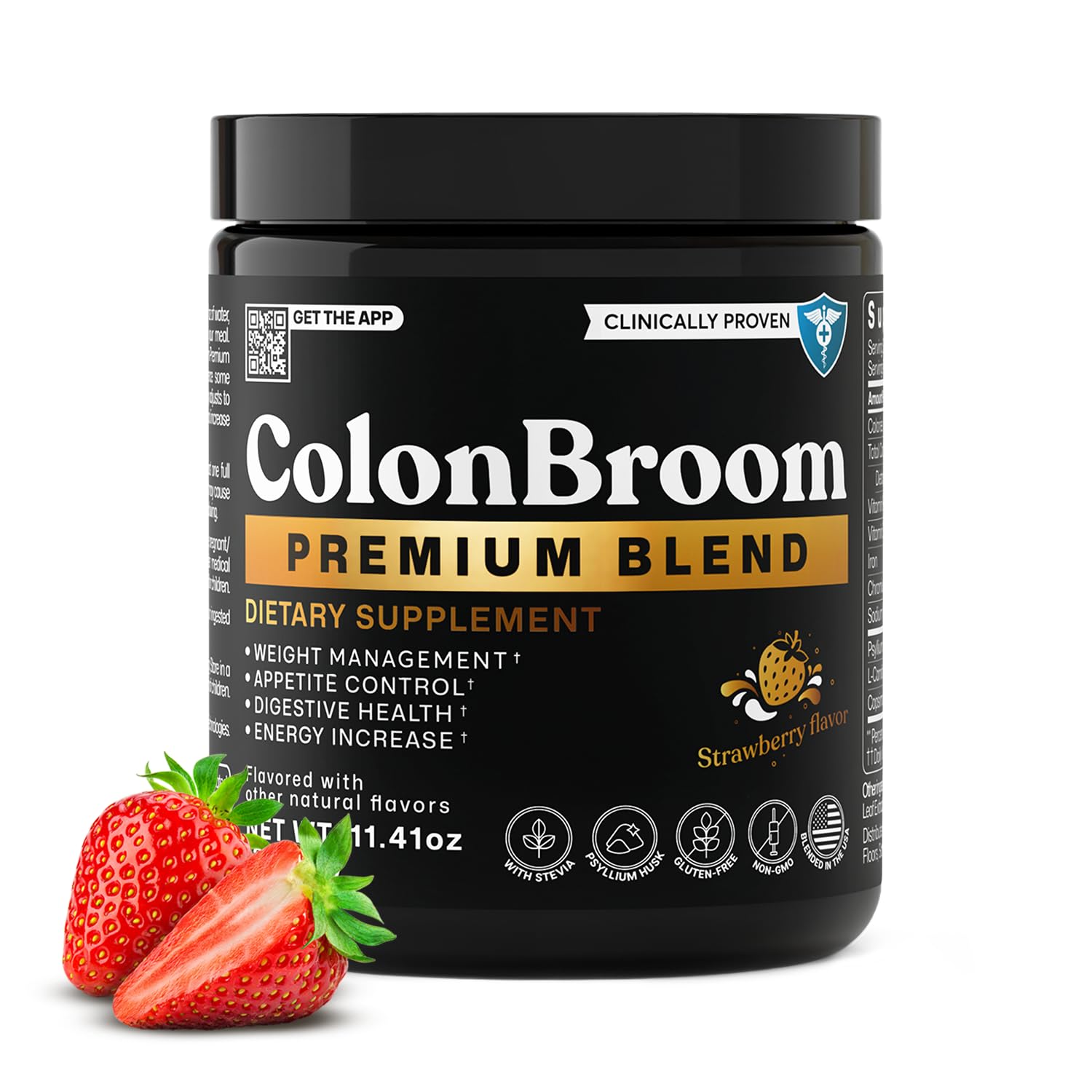 ColonBroom strawberry powder bottle showcases gluten free fiber for daily gut wellness
