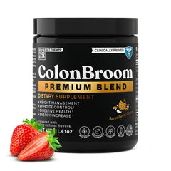 ColonBroom strawberry powder bottle showcases gluten free fiber for daily gut wellness