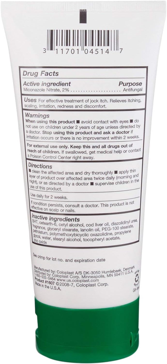 Coloplast Baza tube label closeup with 2% miconazole nitrate