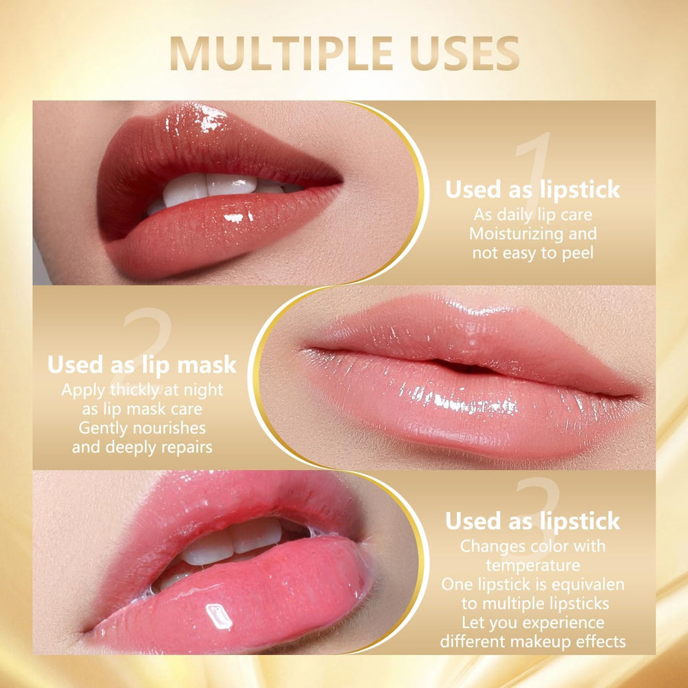 2PCS color-changing lipstick close-up shows glossy, moisturizing finish for daily wear.