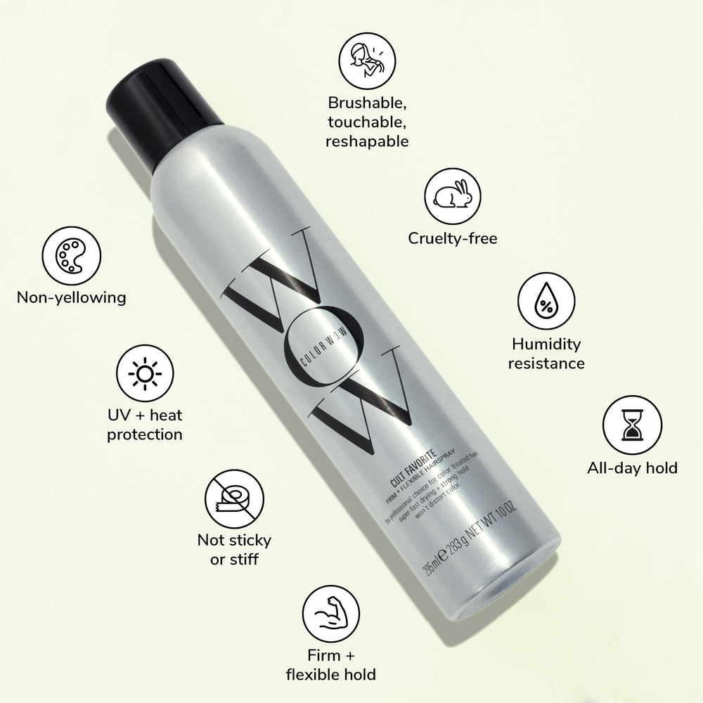 COLOR WOW Cult Favorite hairspray ensures UV and humidity protection for color.