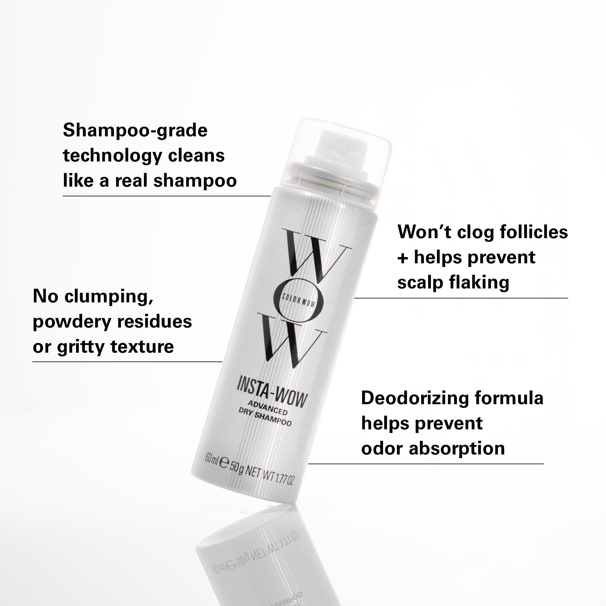 COLOR WOW Insta-WOW dry shampoo shiny finish versus residue-free result comparison.