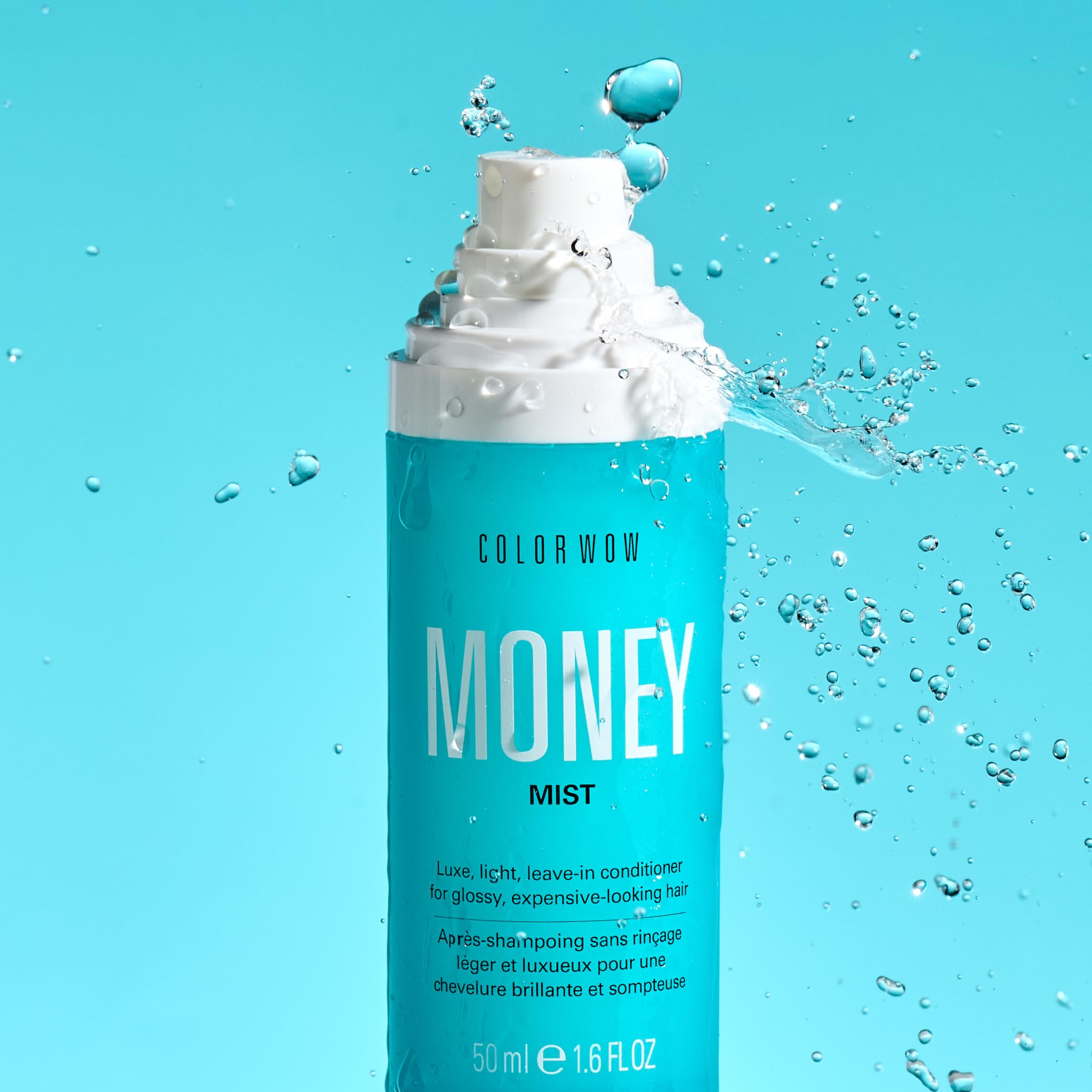 COLOR WOW Money Mist hair gloss close-up highlights luxurious, expensive-looking shine.