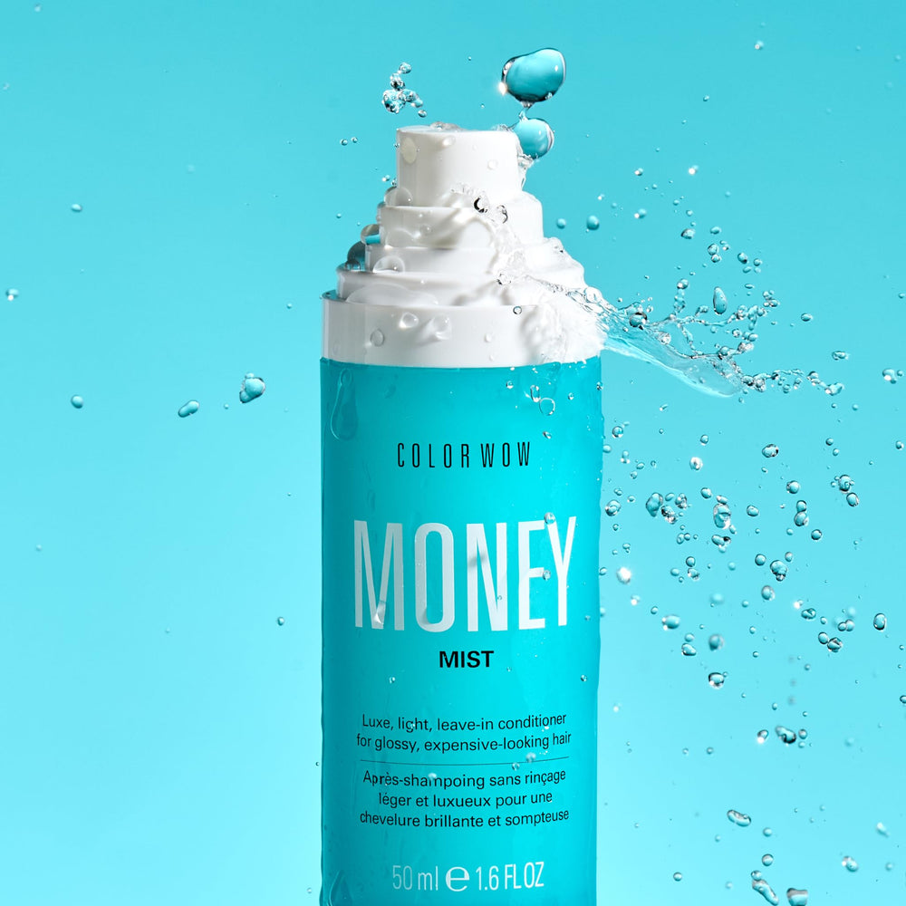 COLOR WOW Money Mist hair gloss close-up highlights luxurious, expensive-looking shine.
