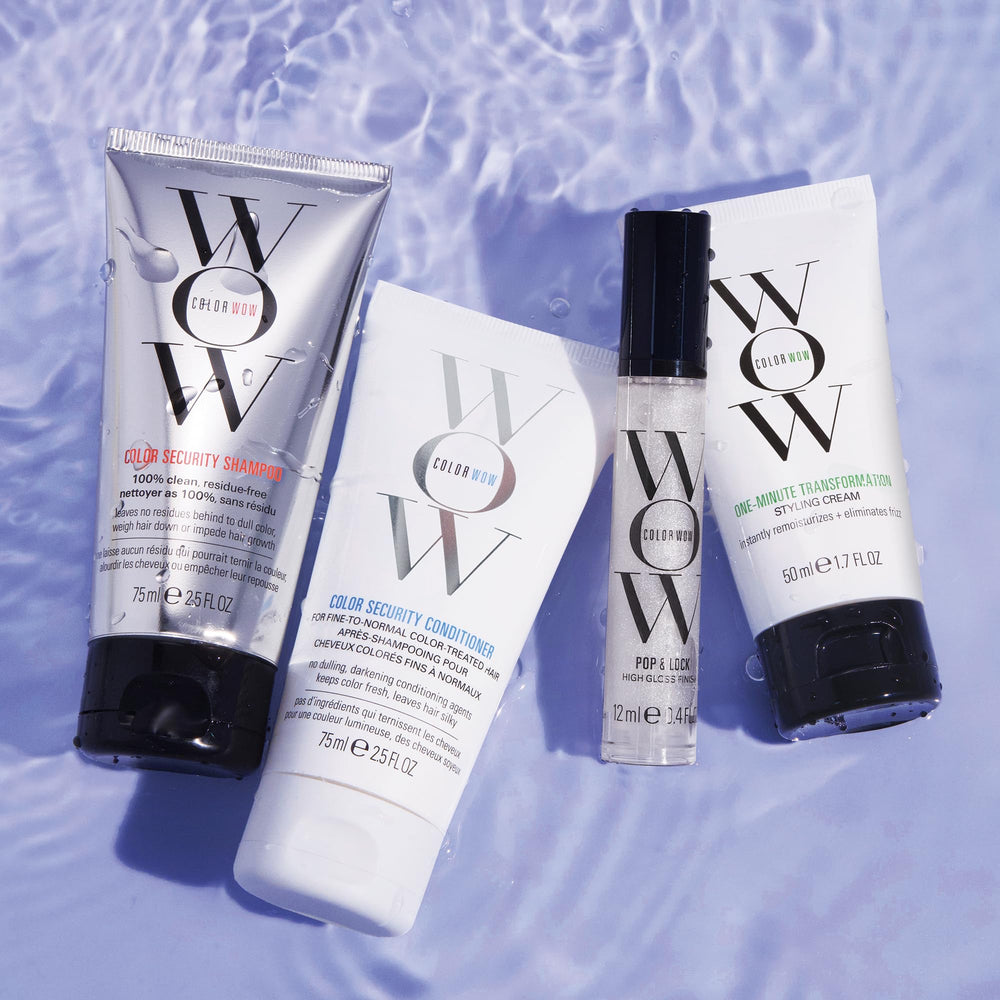 COLOR WOW Shampoo and conditioner dispensing visuals showcase silicone-free cleansing benefits.