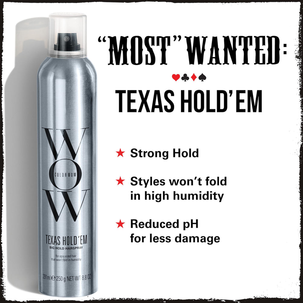 COLOR WOW Texas Hold Em hairspray close-up highlights brushable hold without stiffness.