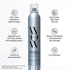 COLOR WOW Texas Hold Em bottle under bright light implies UV and heat protection.