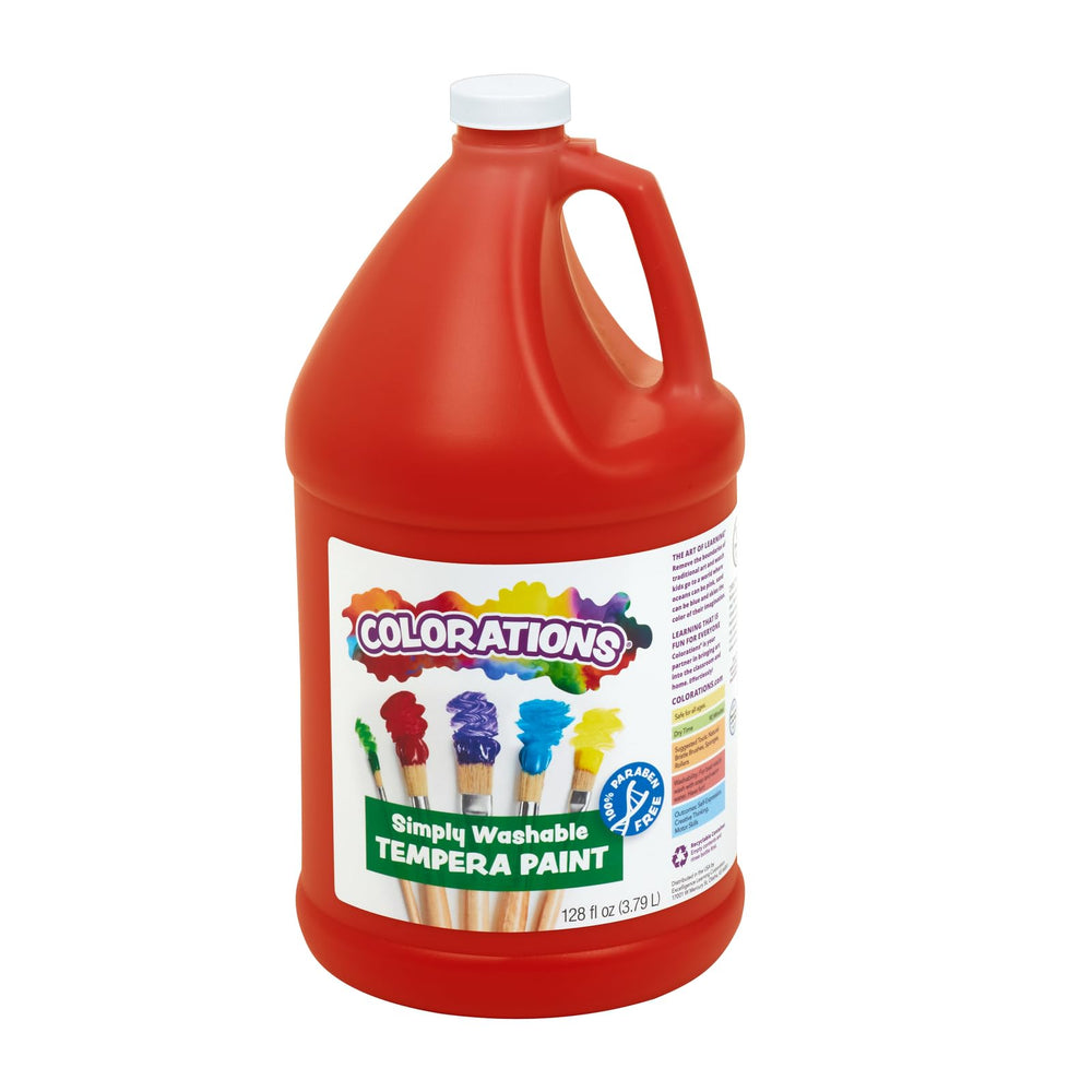 Colorations red washable tempera bottle enables easy cleanup after kids' art.