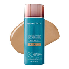 Colorescience Face Shield Flex SPF 50 tan shade swirl blends for a natural finish