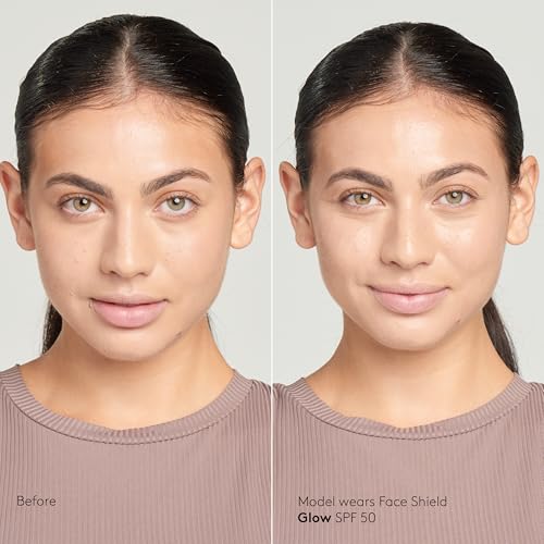 Pearlescent glow from Colorescience Shield Glow provides a luminous complexion.