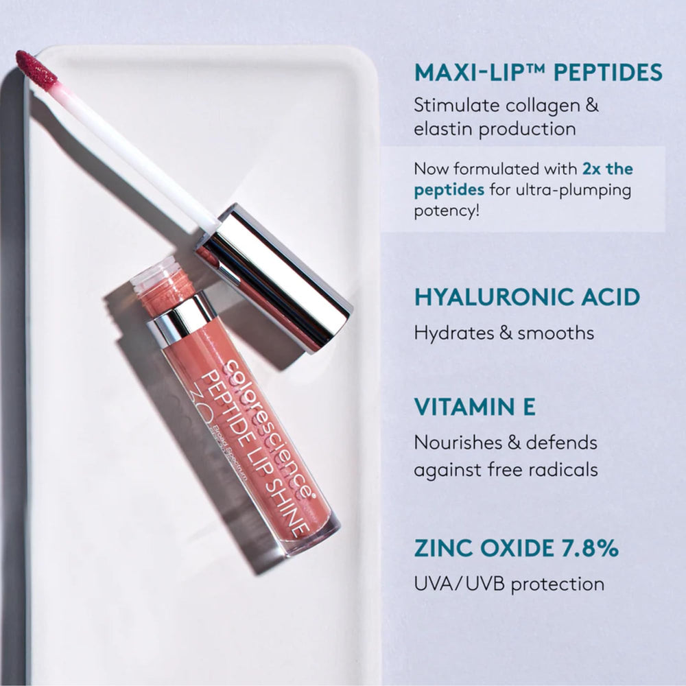 Colorescience Peptide Lip Shine Rose swatches show subtle color and shine.